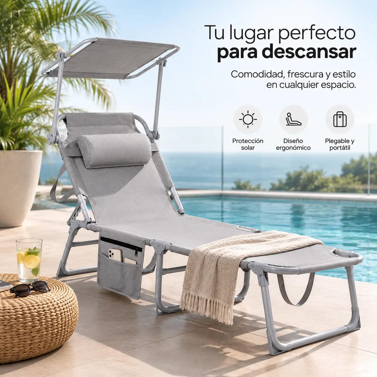 Lettino Pieghevole Con Parasole Regolabile Per Giardino E Spiaggia 7/7