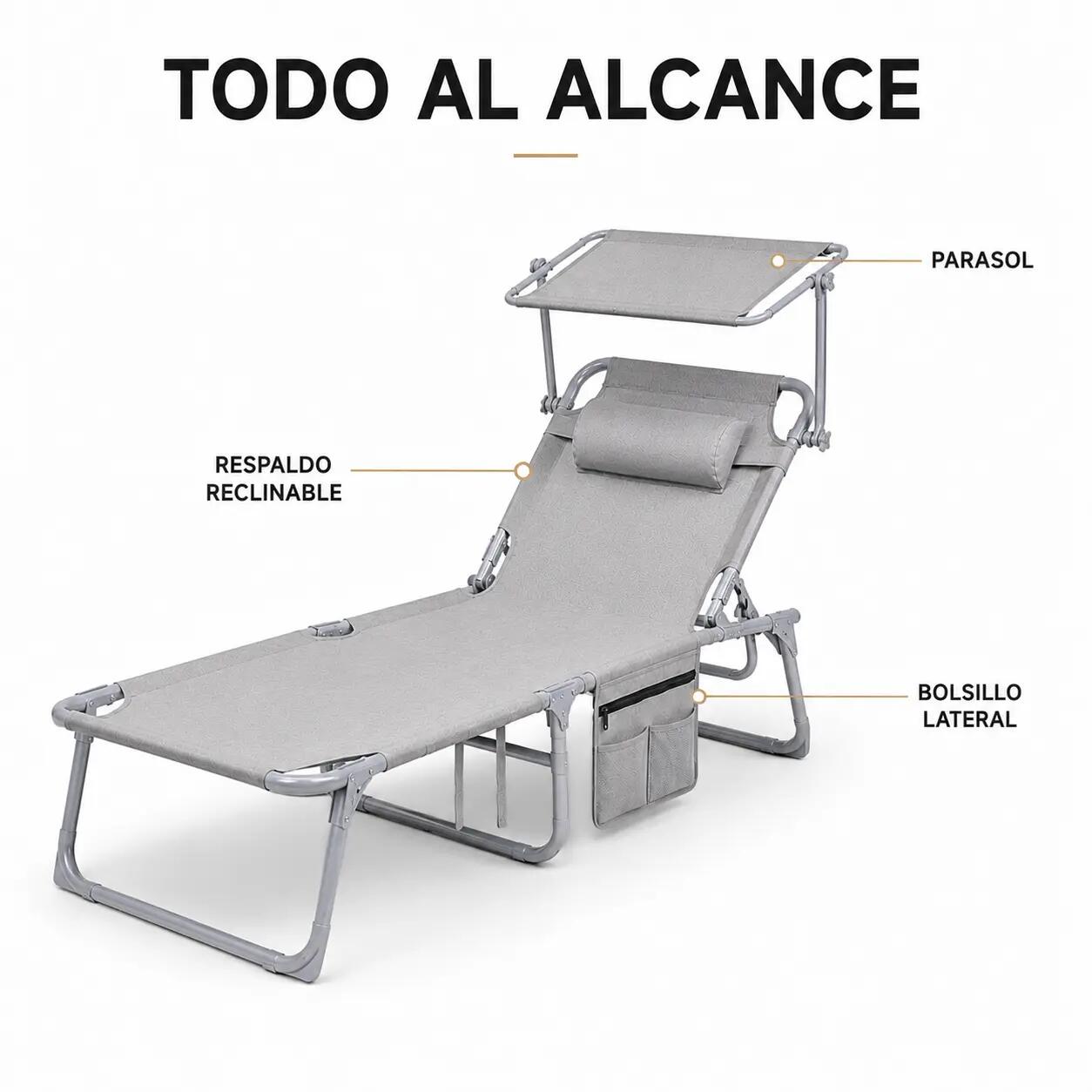 Lettino Pieghevole Con Parasole Regolabile Per Giardino E Spiaggia 5/7