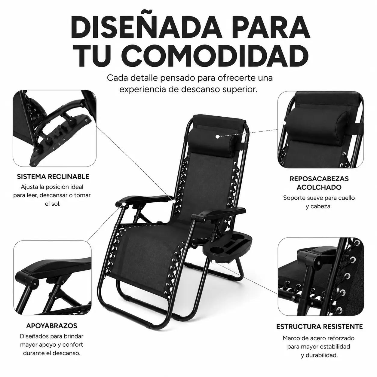 Pack 2 Tumbonas Plegables Playa Negra Con Portavasos 4/7