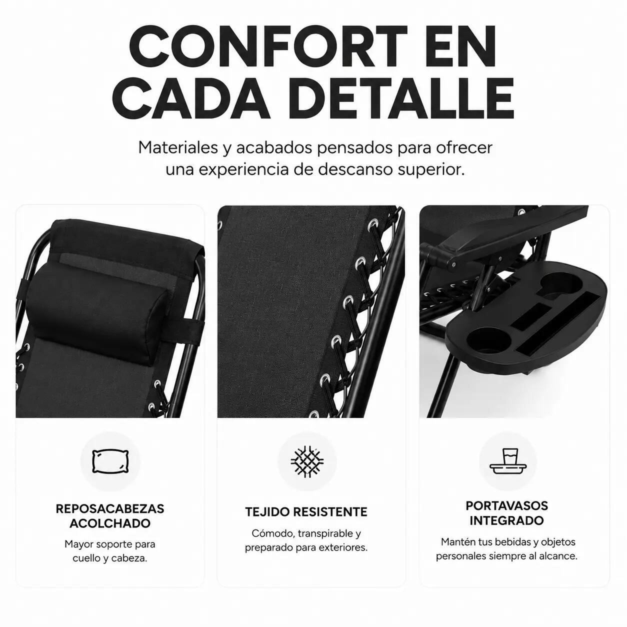 Pack 2 Tumbonas Plegables Playa Negra Con Portavasos 3/7
