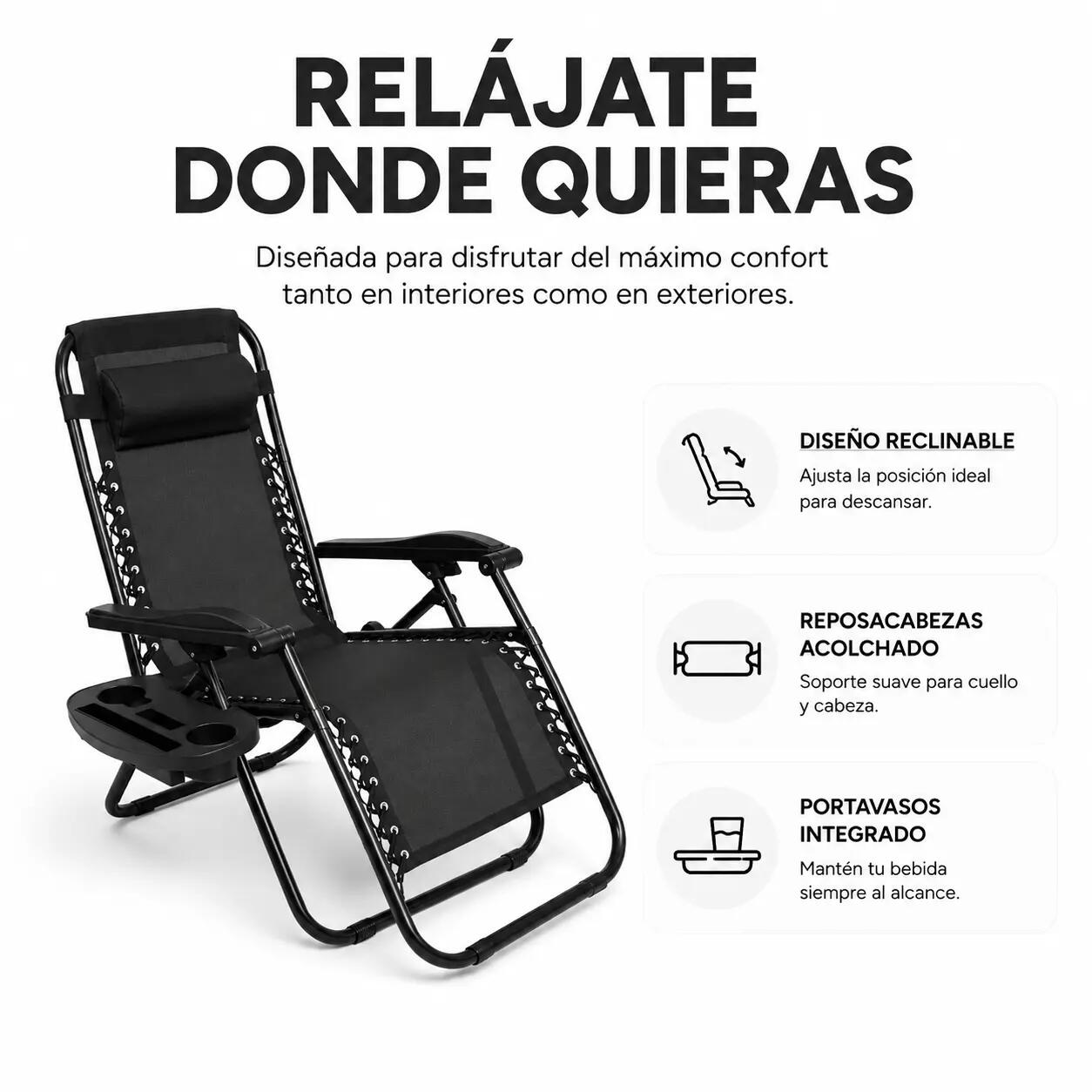 Pack 2 Tumbonas Plegables Playa Negra Con Portavasos 2/7