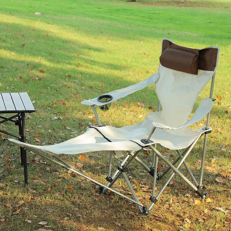 Silla de camping brazos, porta bebidas, bolsa y reposapiés (Beige) 6/7
