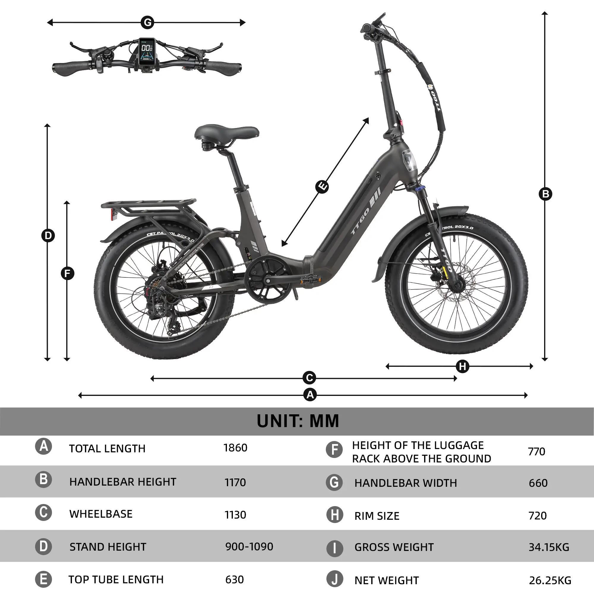 Elektrische fiets TTGO F7, 250W motor, 48V 15Ah batterij, 20‑in 10/10