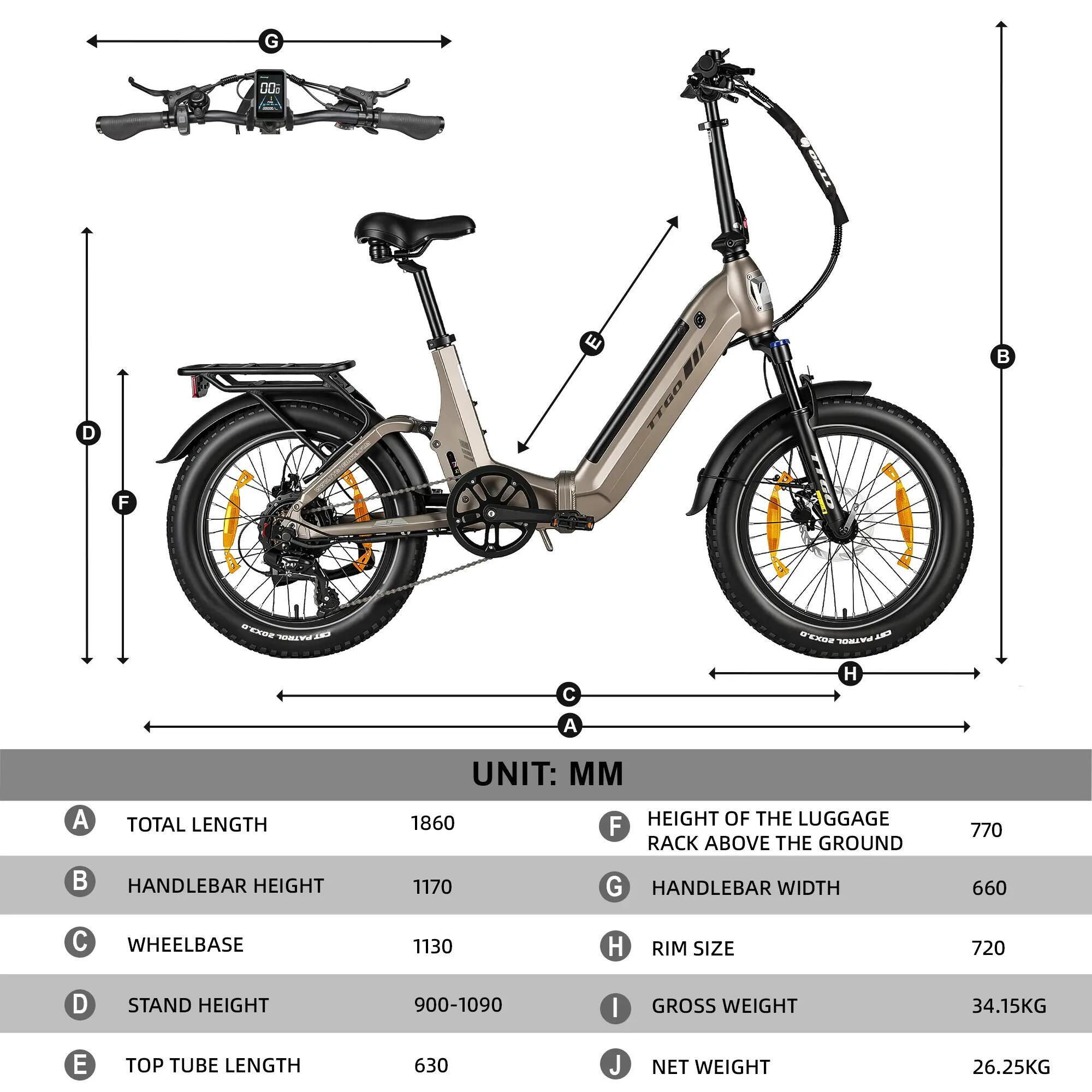 Erwachsenen‑E‑Fahrrad TTGO F7, 250W Motor, 48V 15Ah Akku, 20‑Zoll‑Reifen 10/10