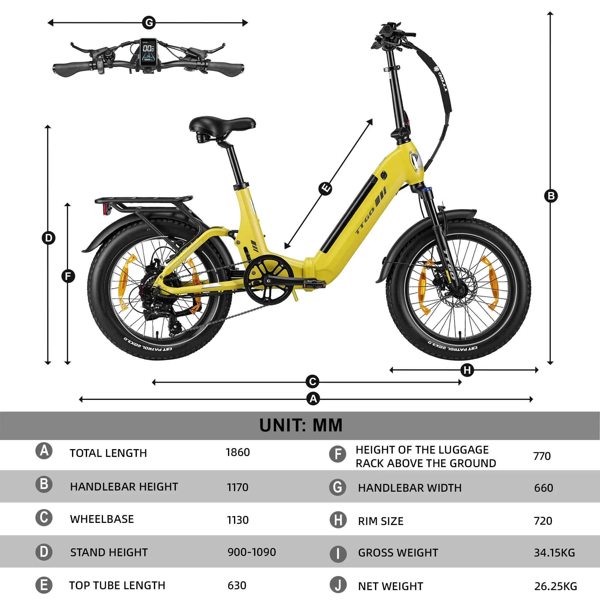 Bicicleta elétrica TTGO F7, motor 250W, bateria 48V 15Ah, pneus 20 10/10