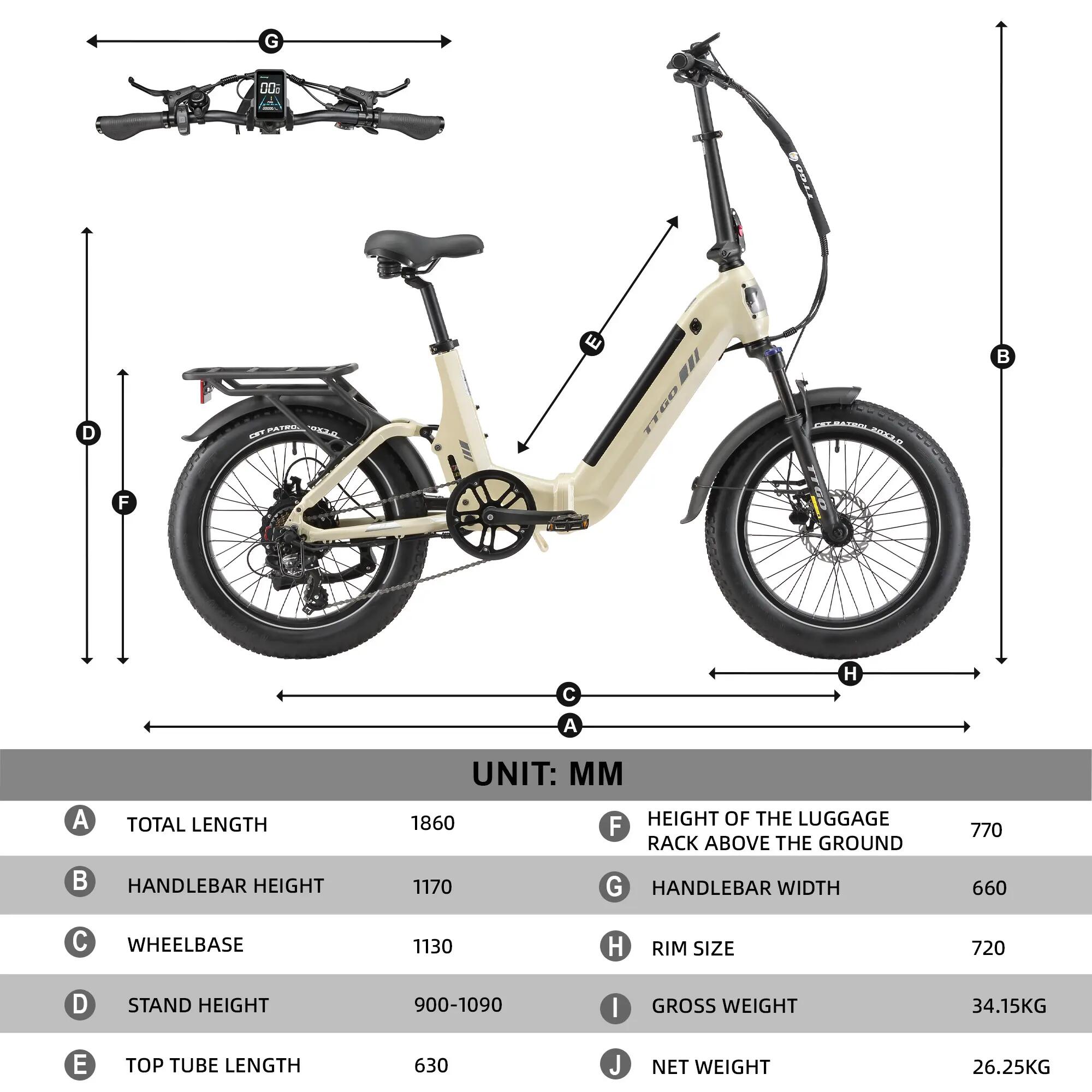 Bicicleta eléctrica TTGO F7, motor 250W batería 48V 15Ah, neumáticos 20 pulgadas 10/10
