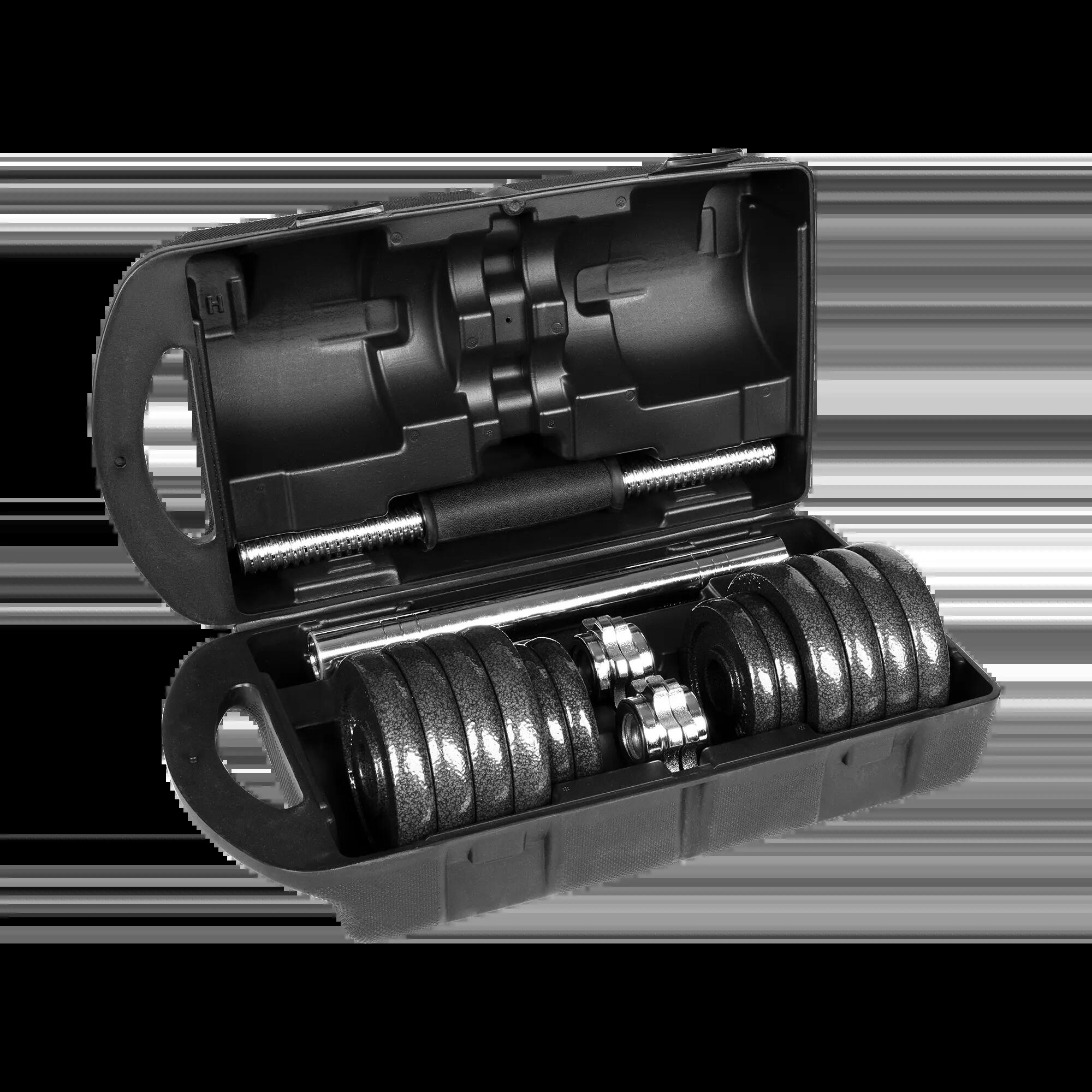 Hantle żeliwne regulowane w walizce z gryfem zestaw 15kg  Rebel solidne 6/7