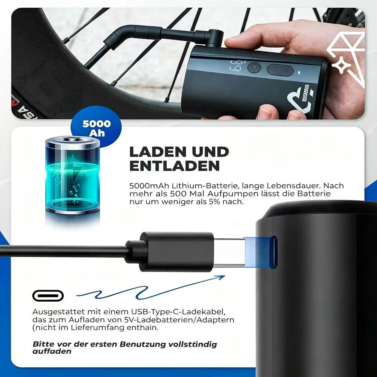 Elektrische Minipumpe 150PSI 5000mAh mit LCD für Presta & Schrader 3/7
