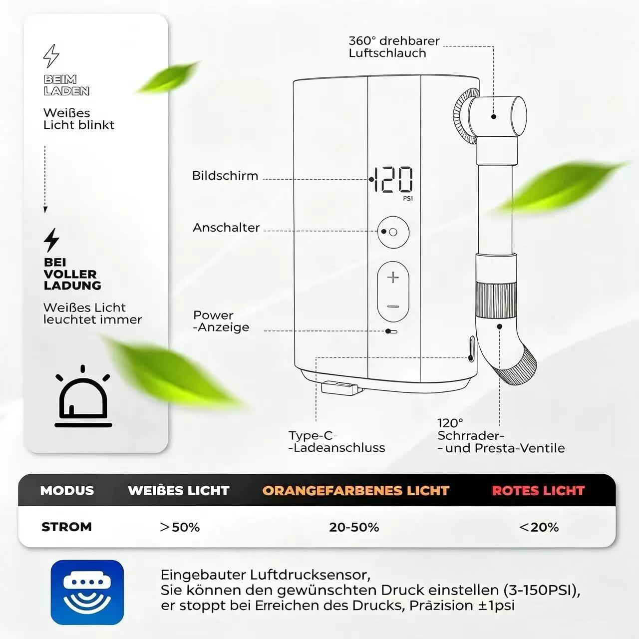 Elektrische Minipumpe 150PSI 5000mAh mit LCD für Presta & Schrader 2/7