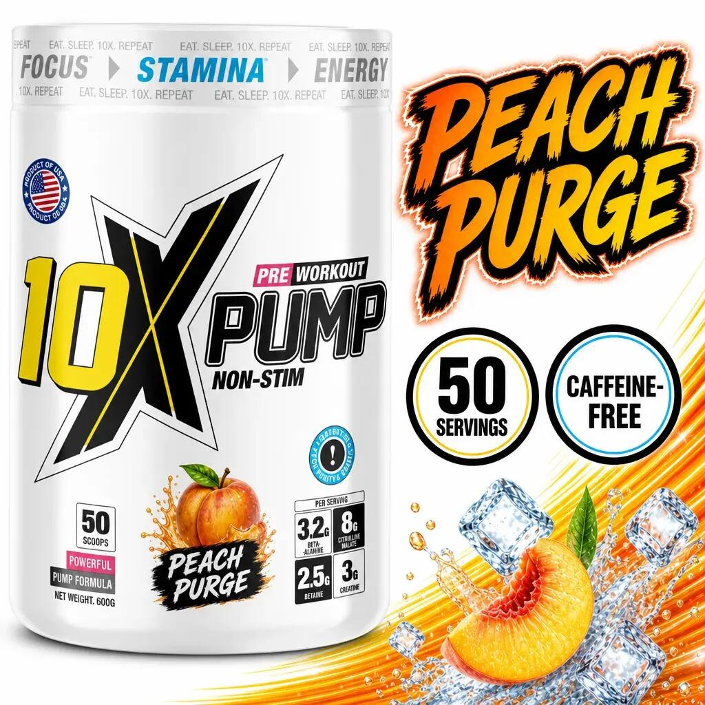 10X Athletic Pump Non-Stim Pre Workout 50 Servings Peach Purge