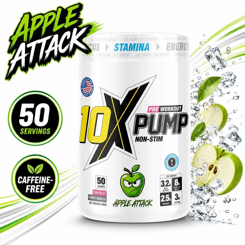 10X Athletic Pump Non-Stim Pre Workout 50 Servings Apple Attack