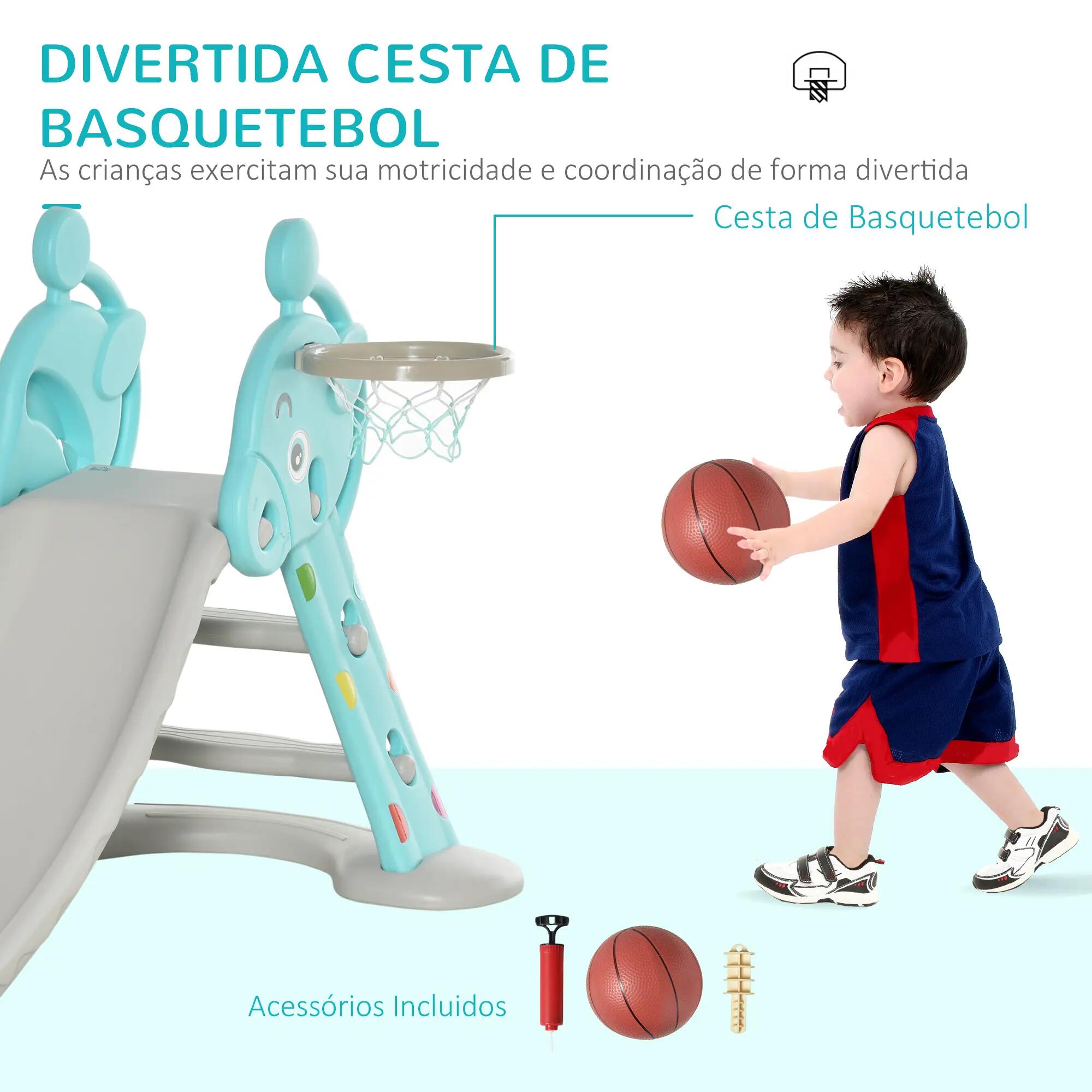 Escorrega Infantil Dobrável com Cesto de Basquetebol  Azul 9/11