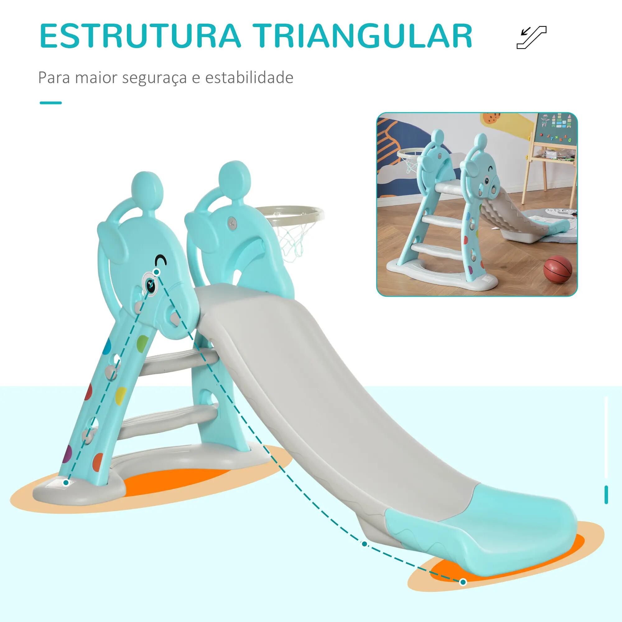 Escorrega Infantil Dobrável com Cesto de Basquetebol  Azul 10/11
