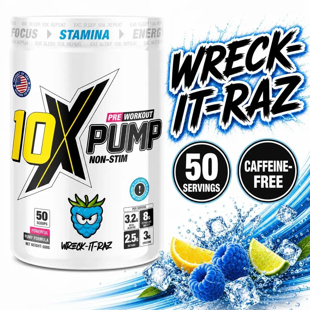 10X Athletic Pump Non-Stim Pre Workout 50 Servings Wreck-It-Raz