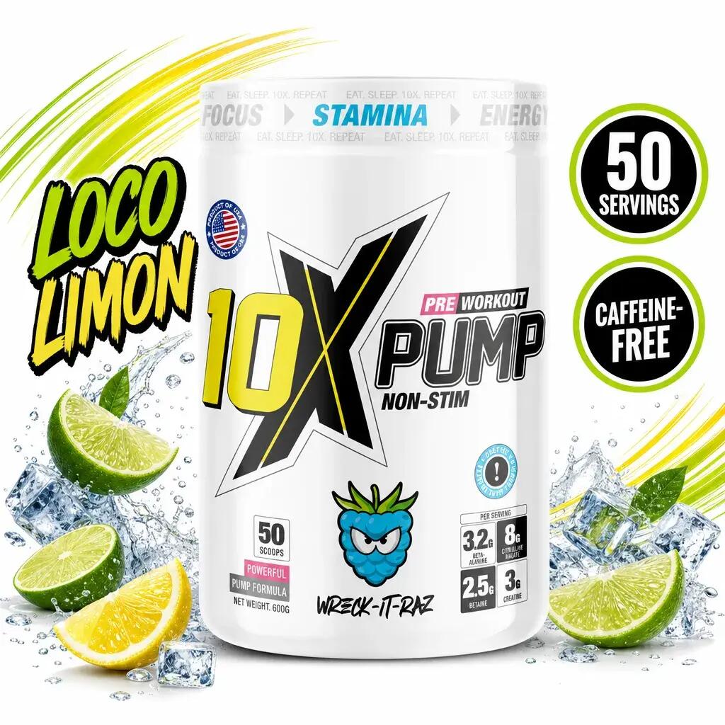 10X Athletic Pump Non-Stim Pre Workout 50 Servings Loco Limon