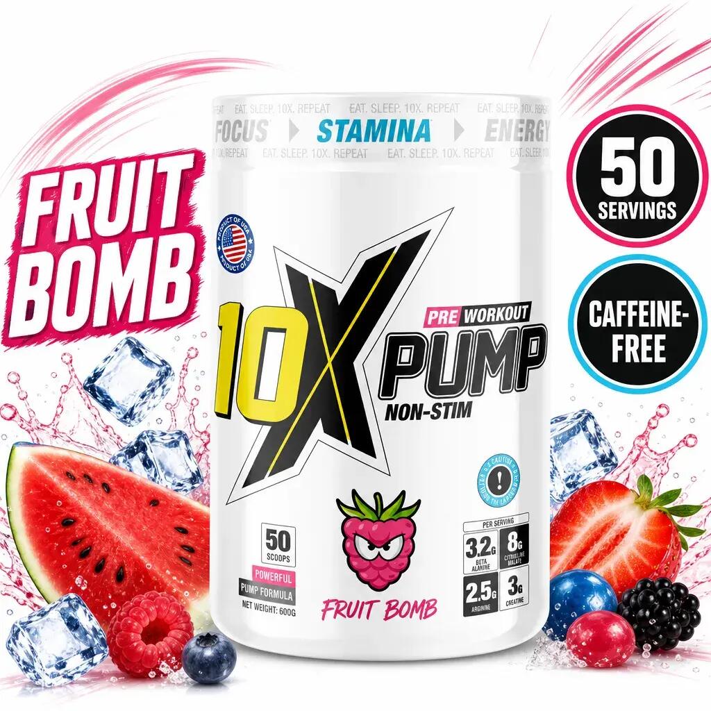 10X Athletic Pump Non-Stim Pre Workout 50 Servings Fruit Bomb
