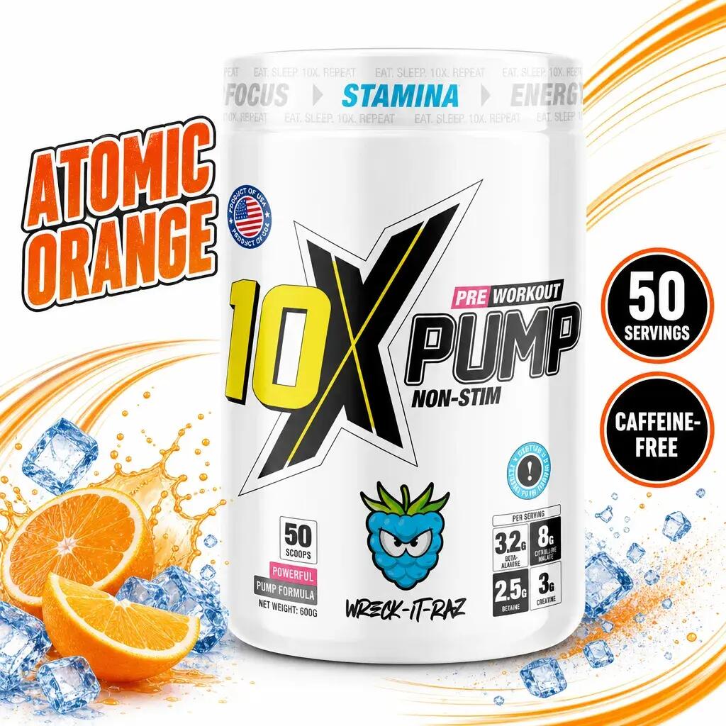 10X Athletic Pump Non-Stim Pre Workout 50 Servings Atomic Orange