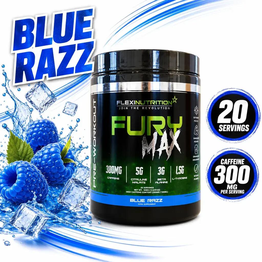Flexi Nutrition Fury Max Pre Workout 20 Servings Blue Razz