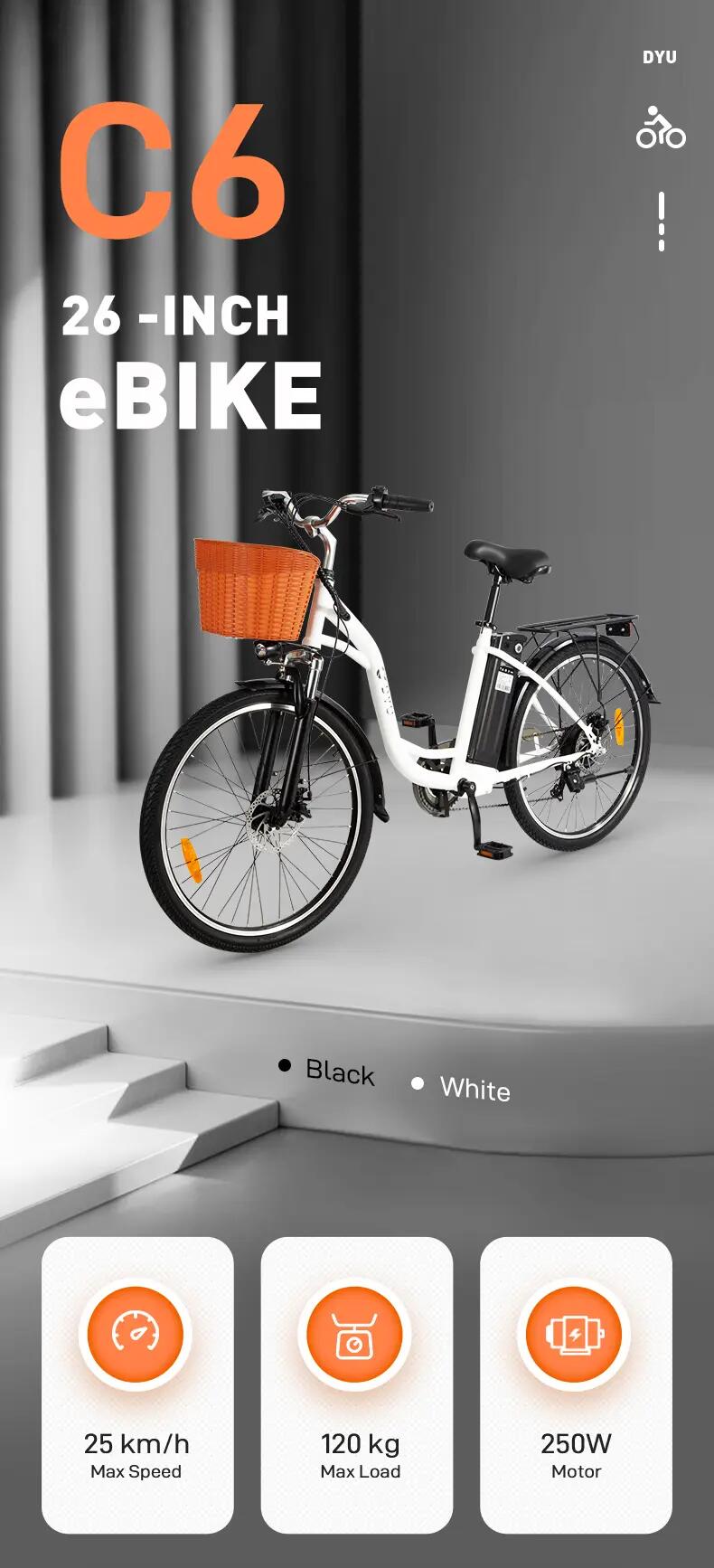 Elektrische fiets voor volwassenen DYU C6 batterij 36V 12.5 Ah banden 26 inch 8/15