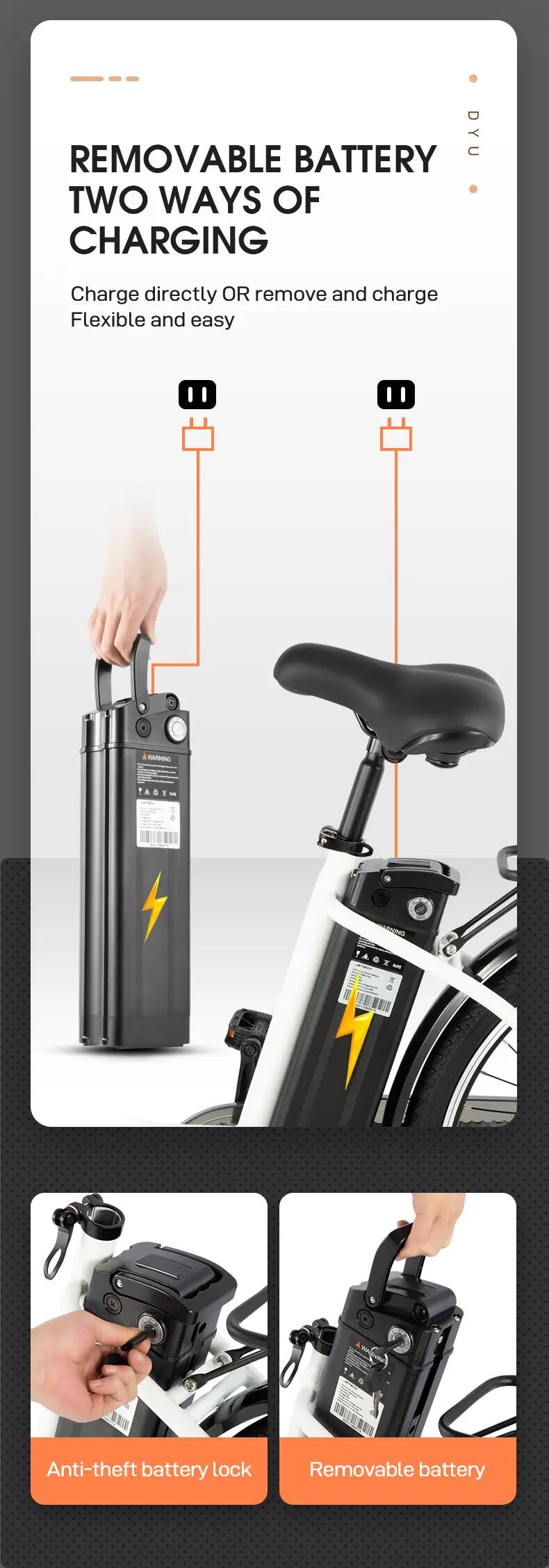 Elektrische fiets voor volwassenen DYU C6 batterij 36V 12.5 Ah banden 26 inch 12/15