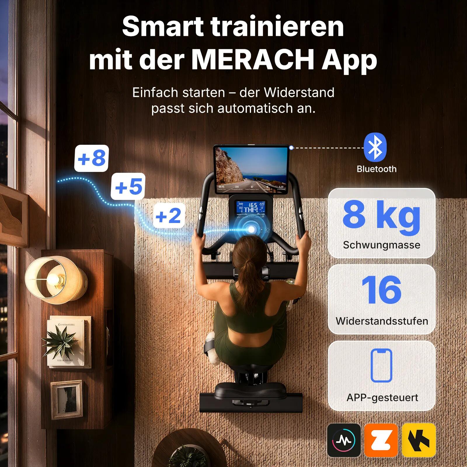 Vélo d’Appartement MERACH, Mode Connecté, APP/Bluetooth,16 Résistance 4/8