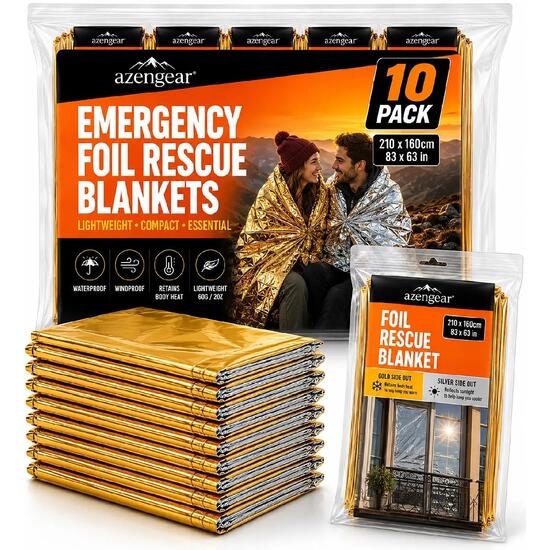 Couvertures de Survie d'Urgence en Mylar (Lot de 10), Thermiques, Imperméables