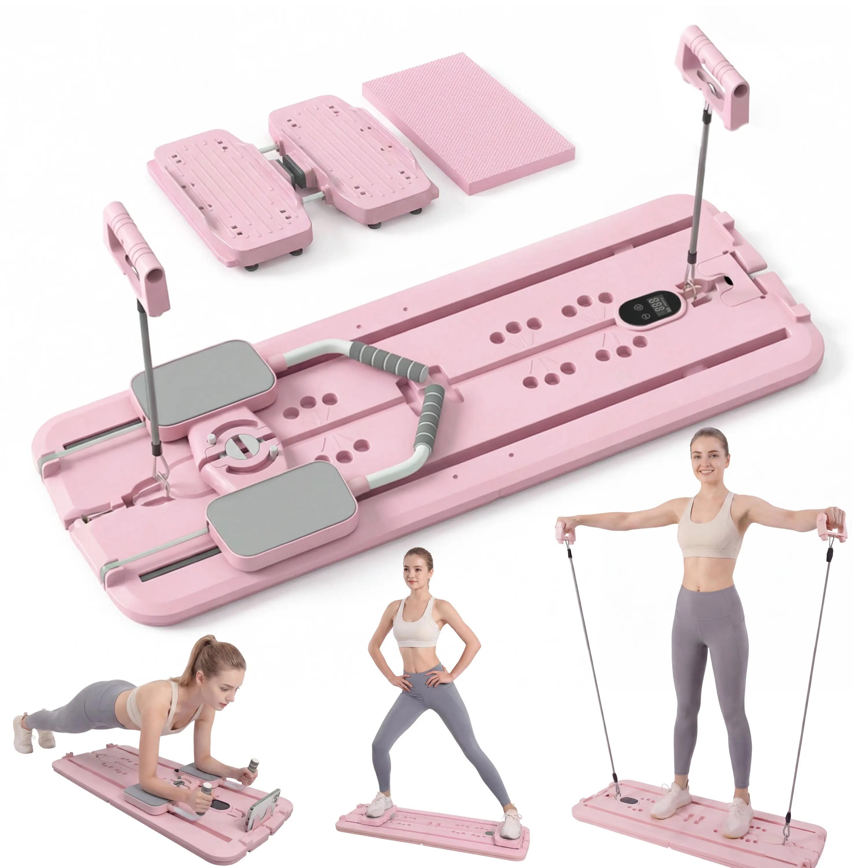 MaxU Foldable Pilates Reformer Board 3-Level Resistance Cords - Pink