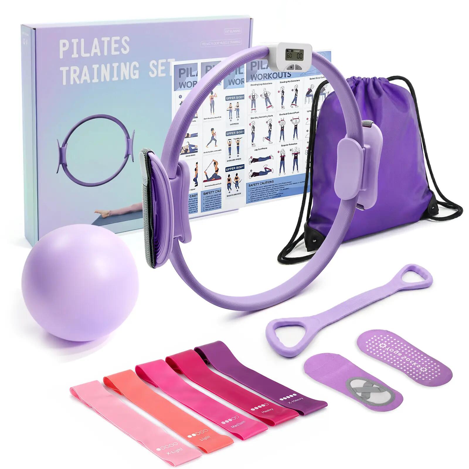 MaxU 10Pcs Pilates Ring Kit Resistance Bands Home Workout Set - Purple