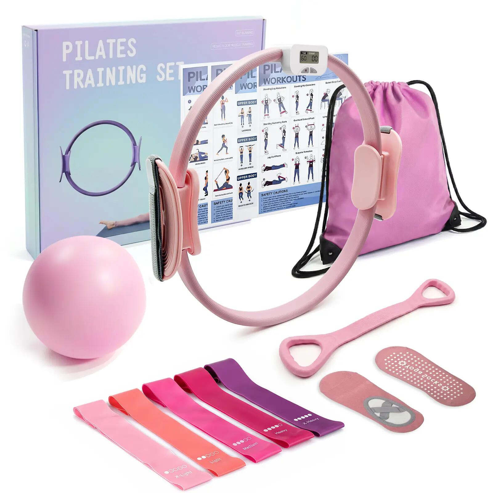 MaxU 10Pcs Pilates Ring Kit Resistance Bands Home Workout Set - Pink