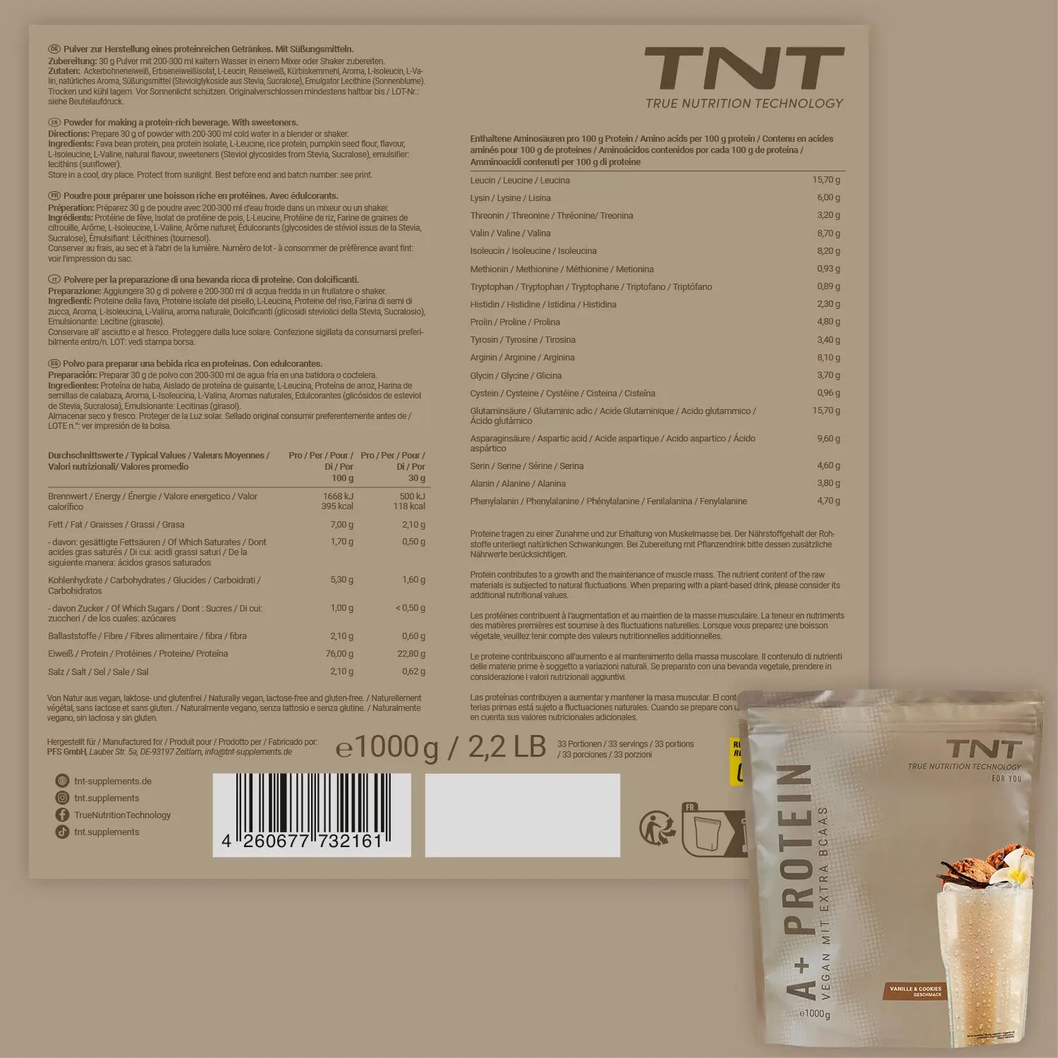 A+ Protein Vanilla-Cookie (1000g) - Veganes Proteinpulver mit extra BCAA 5/6