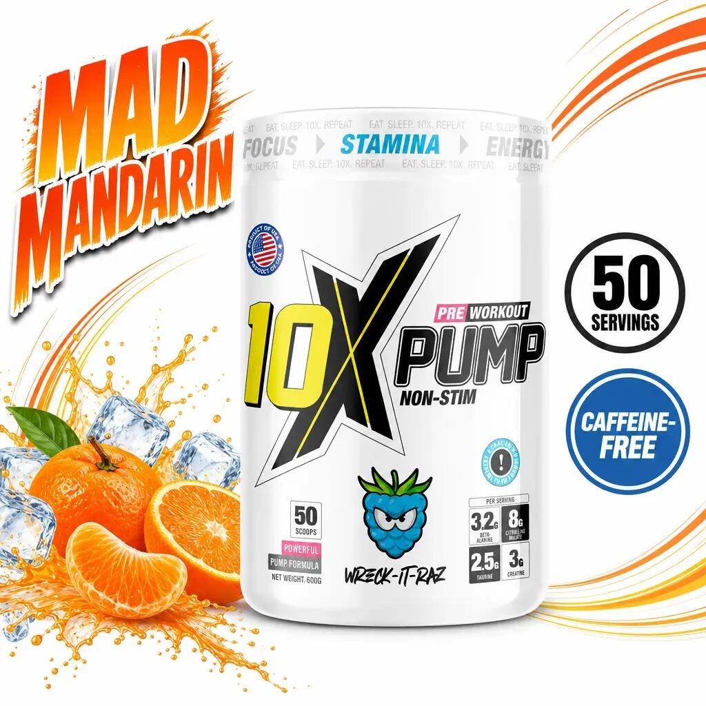 10X Athletic Pump Non-Stim Pre Workout 50 Servings Mad Mandarin
