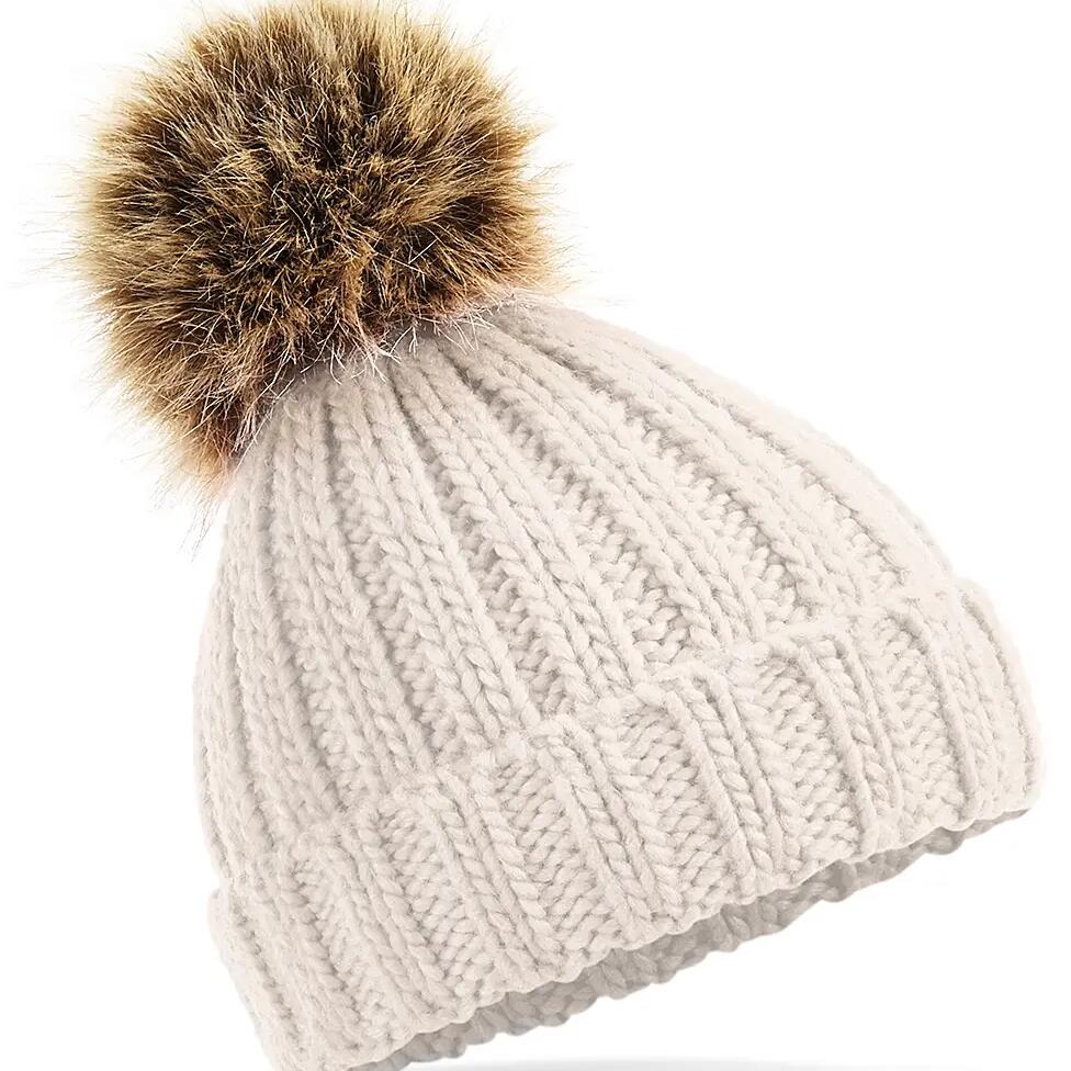 Thick faux fur pom pom beanie for women Beechfield