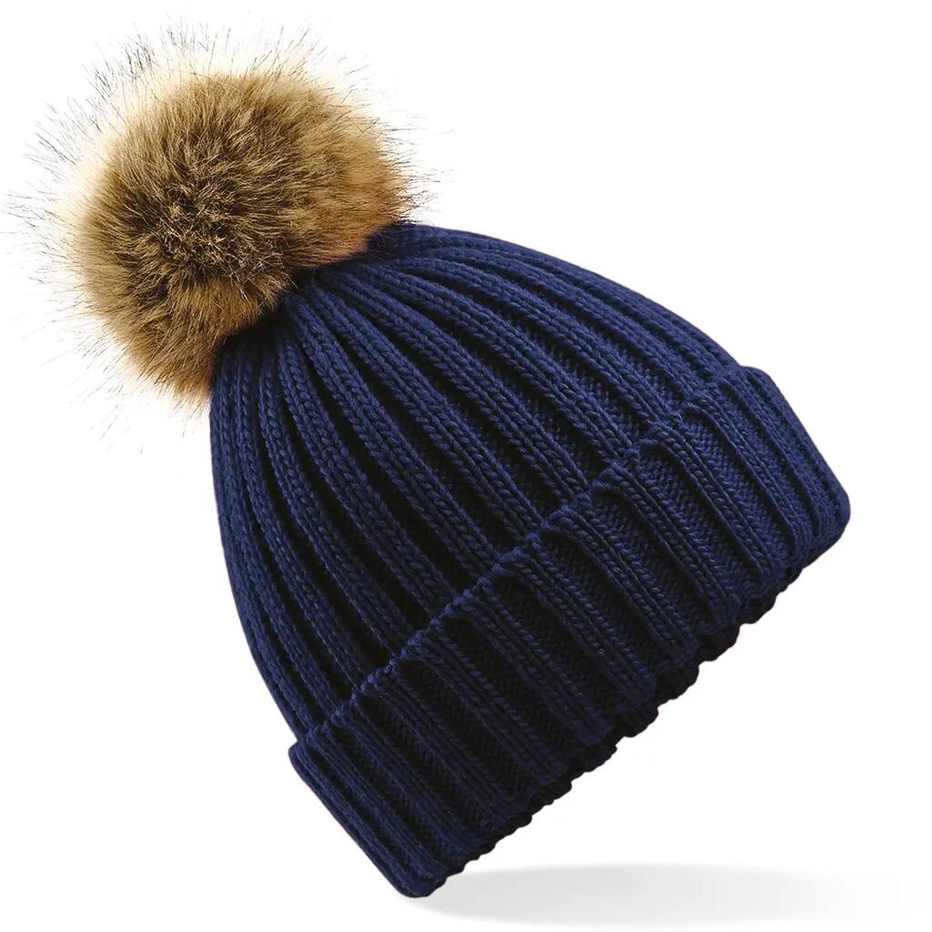 Thick faux fur pom pom beanie for women Beechfield