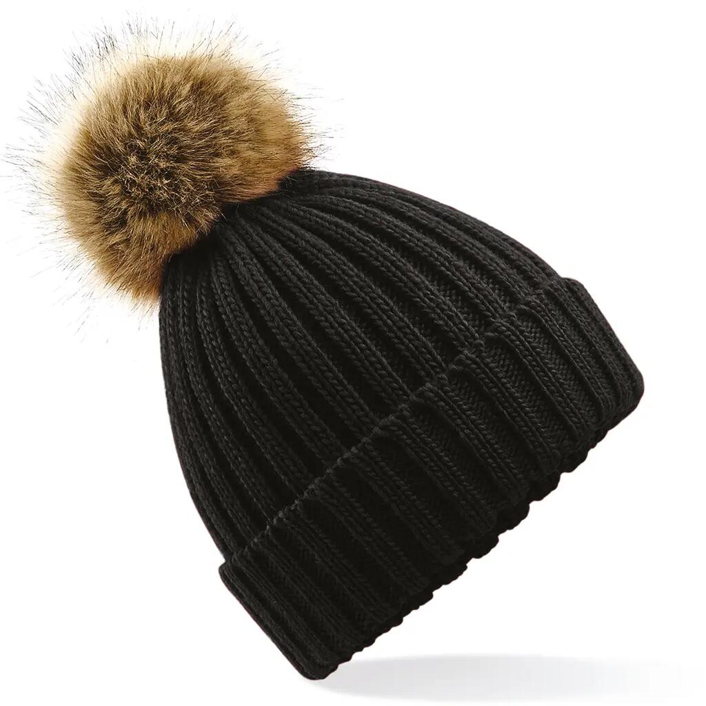 Thick faux fur pom pom beanie for women Beechfield