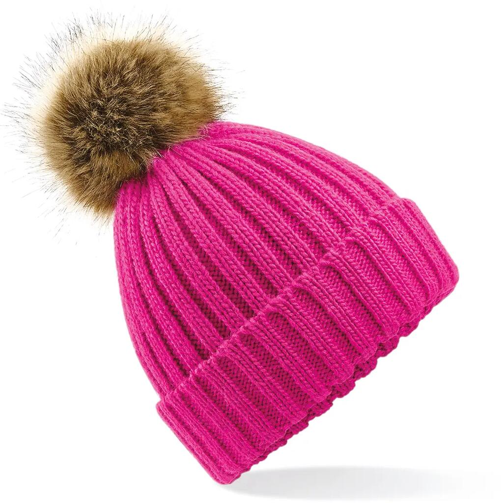 Thick faux fur pom pom beanie for women Beechfield
