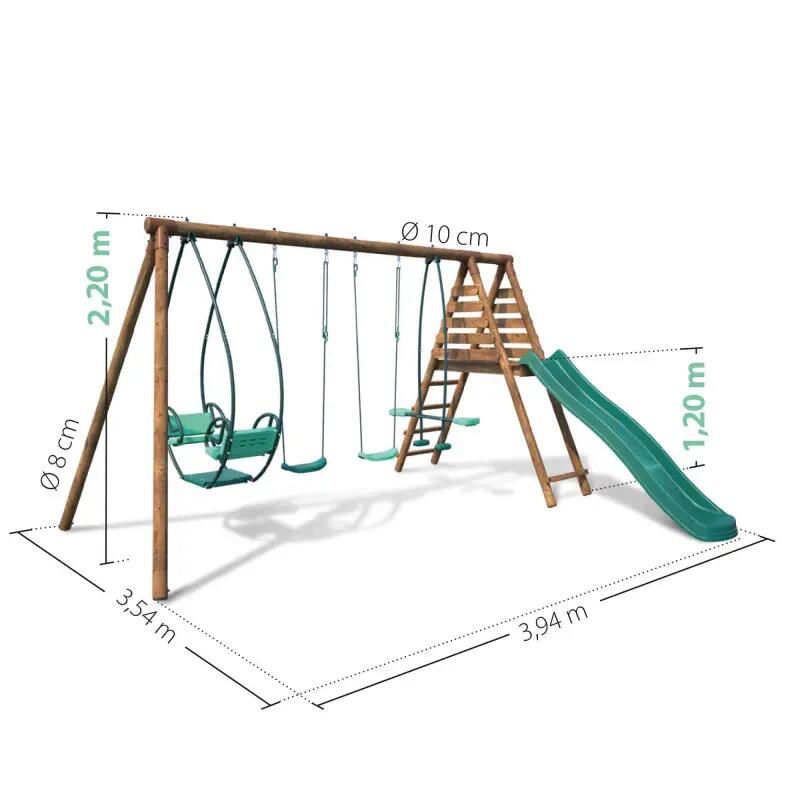 Portique en bois rond 4 agrès avec face à face et toboggan JACINTHE 4/5