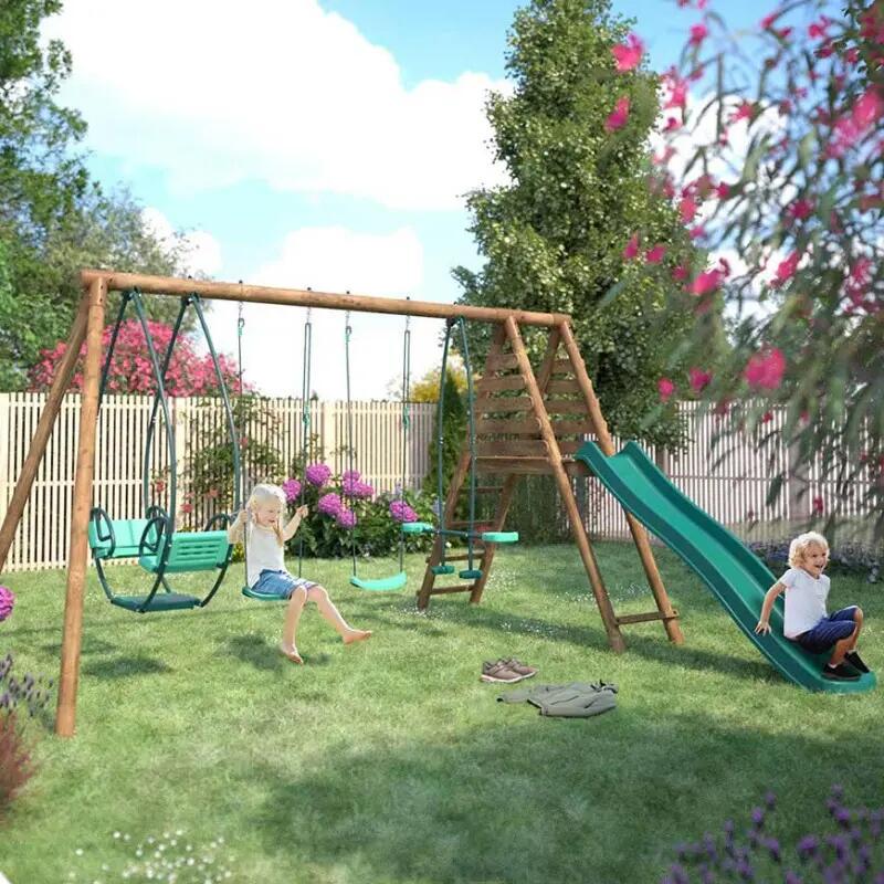 Portique en bois rond 4 agrès avec face à face et toboggan JACINTHE 3/5