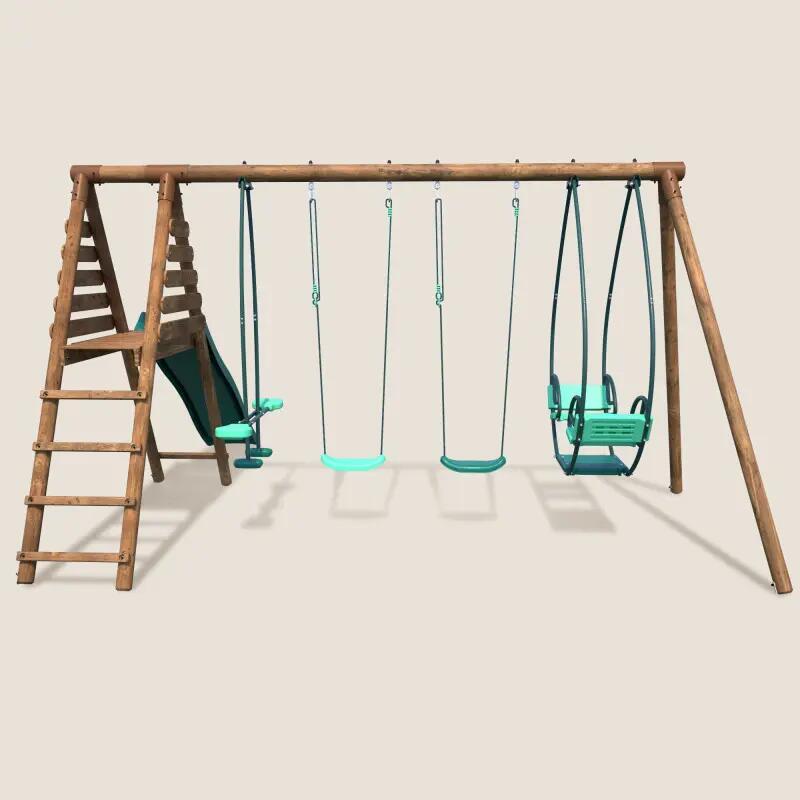 Portique en bois rond 4 agrès avec face à face et toboggan JACINTHE 2/5