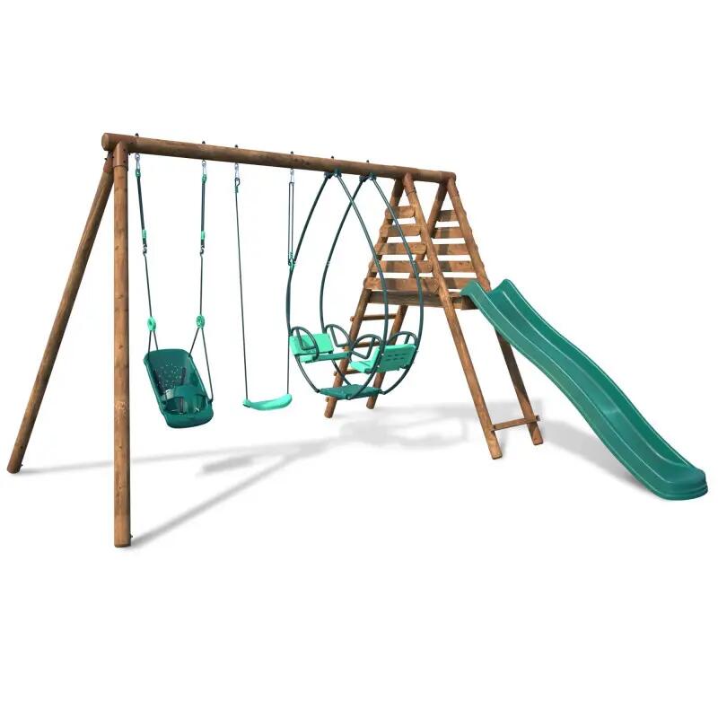 Portique en bois rond 3 agrès avec balançoire bébé et toboggan COLZA 1/5