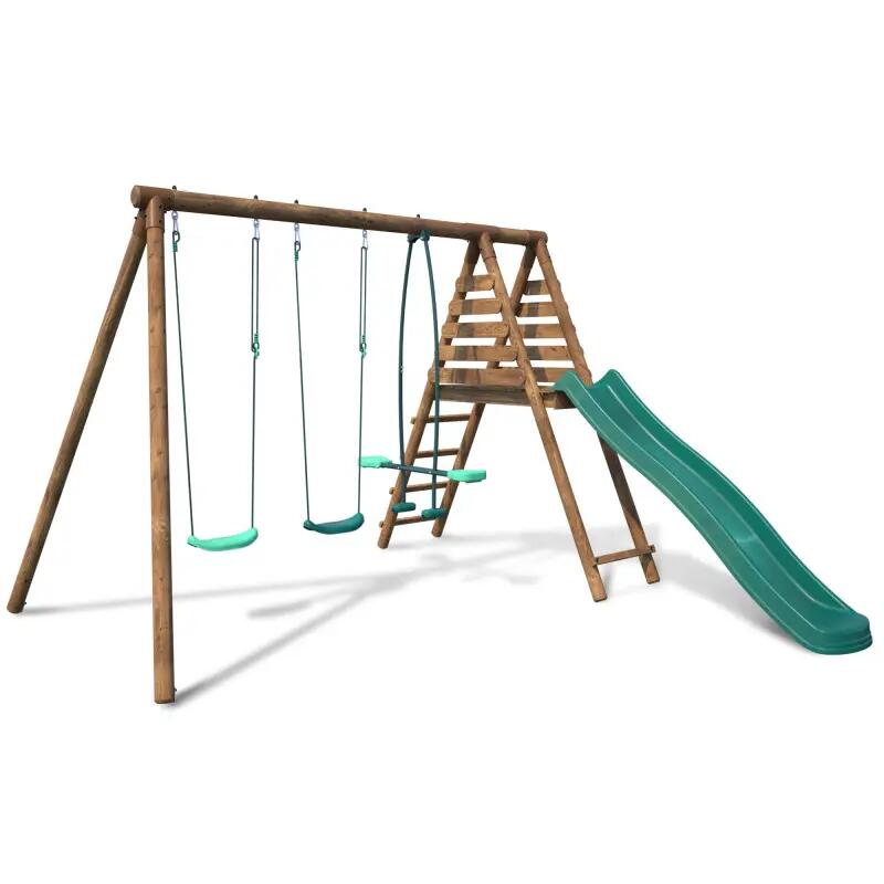 Portique en bois rond 3 agrès avec face à face et toboggan VIOLETTE 1/5