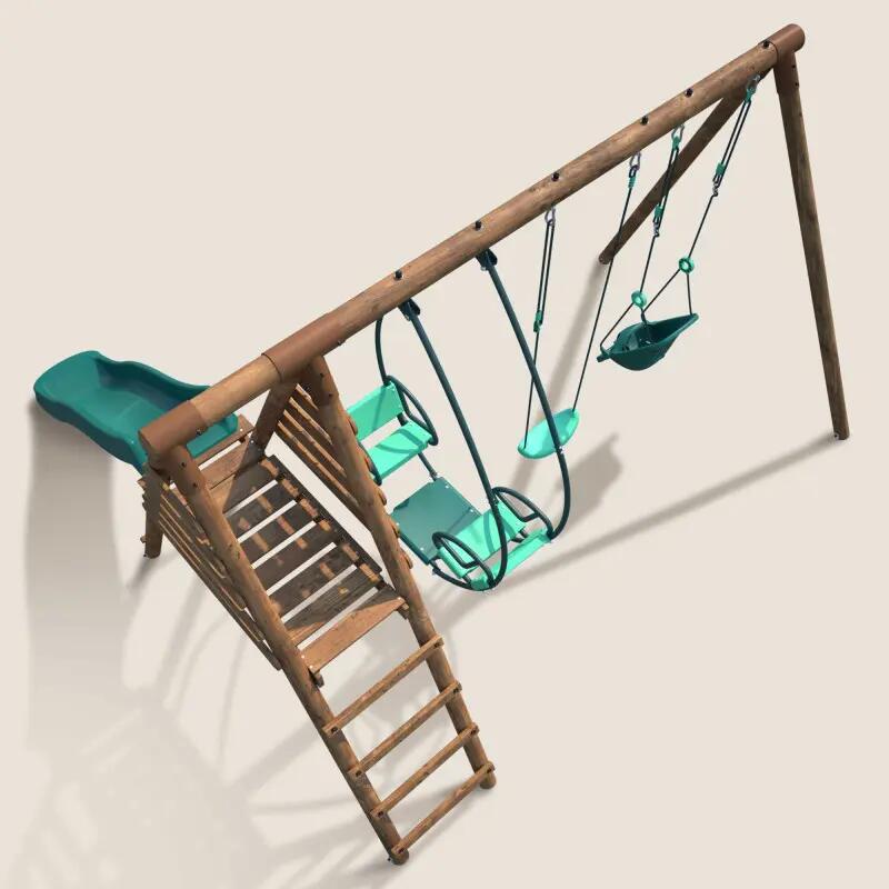 Portique en bois rond 3 agrès avec balançoire bébé et toboggan COLZA 5/5