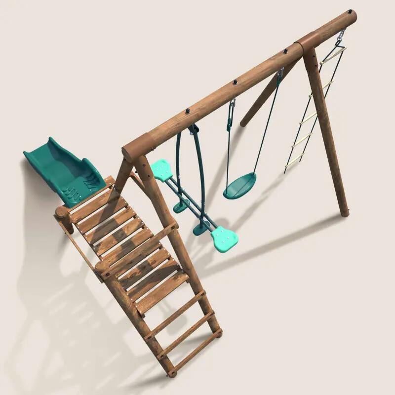 Portique en bois rond 3 agrès avec face à face, échelle et toboggan bas MÛRIER 5/5