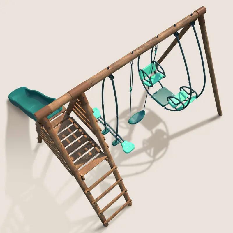 Portique en bois rond 3 agrès avec face à face et toboggan NIGEL 5/5