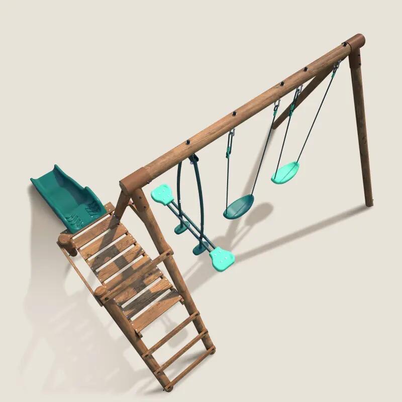 Portique en bois rond 3 agrès avec face à face et toboggan bas FIGUE 5/5