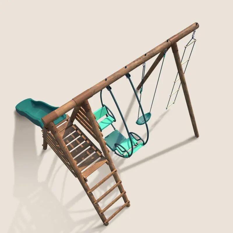 Portique en bois rond 3 agrès avec face à face, échelle et toboggan LAVANDE 5/5