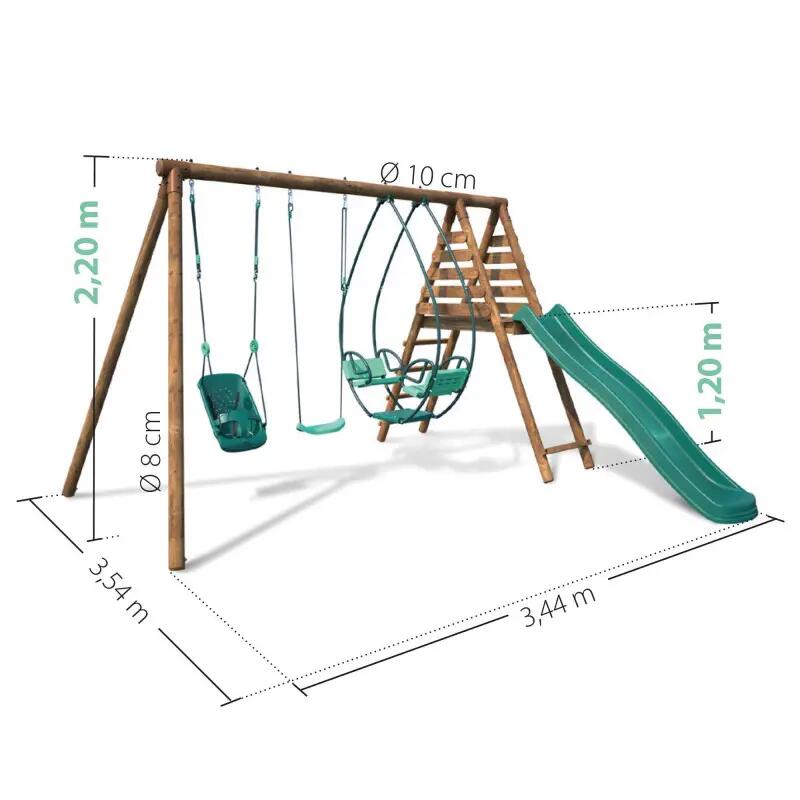 Portique en bois rond 3 agrès avec balançoire bébé et toboggan COLZA 4/5