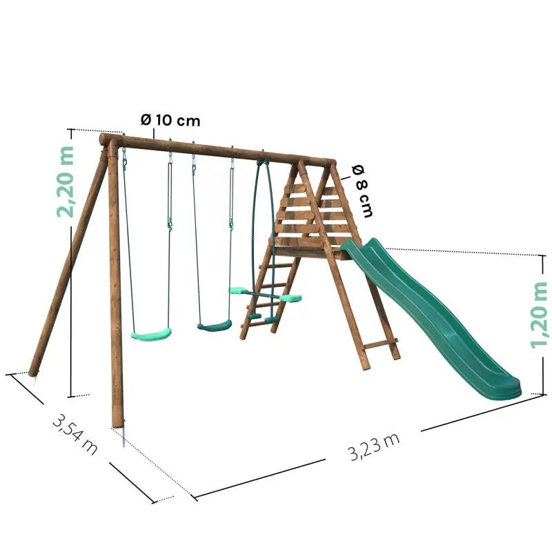 Portique en bois rond 3 agrès avec face à face et toboggan VIOLETTE 4/5
