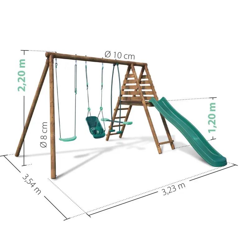 Portique en bois rond 3 agrès balançoire bébé, face à face et toboggan TULIPE 4/5
