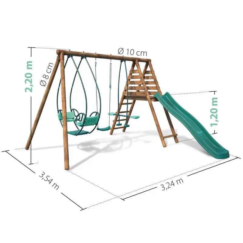 Portique en bois rond 3 agrès avec face à face et toboggan NIGEL 4/5