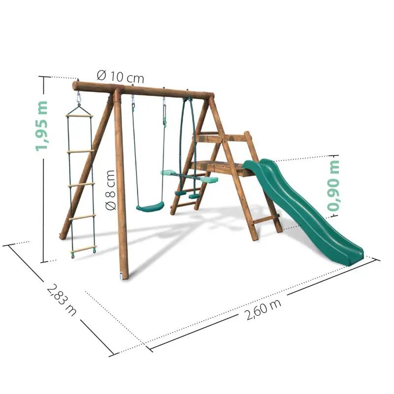 Portique en bois rond 3 agrès avec face à face, échelle et toboggan bas MÛRIER 4/5